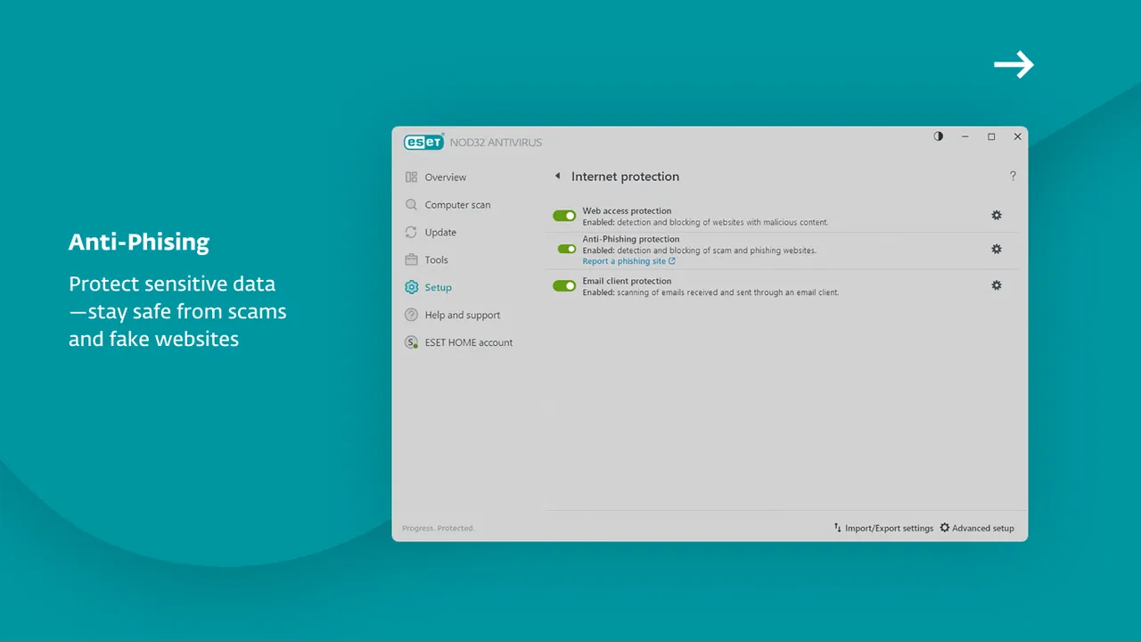ESET NOD32 Antivirus window, screenshot from the Microsoft Store